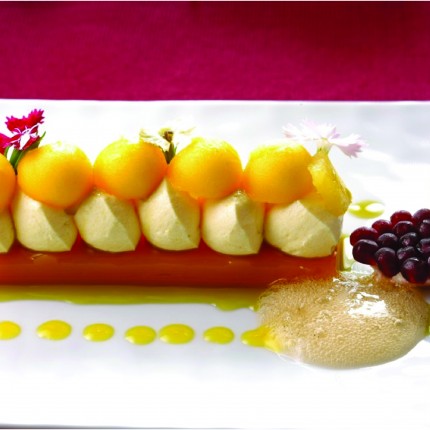 Bavarois mangue et passion sur une gelée d'abricot, espuma chaud à la vanille